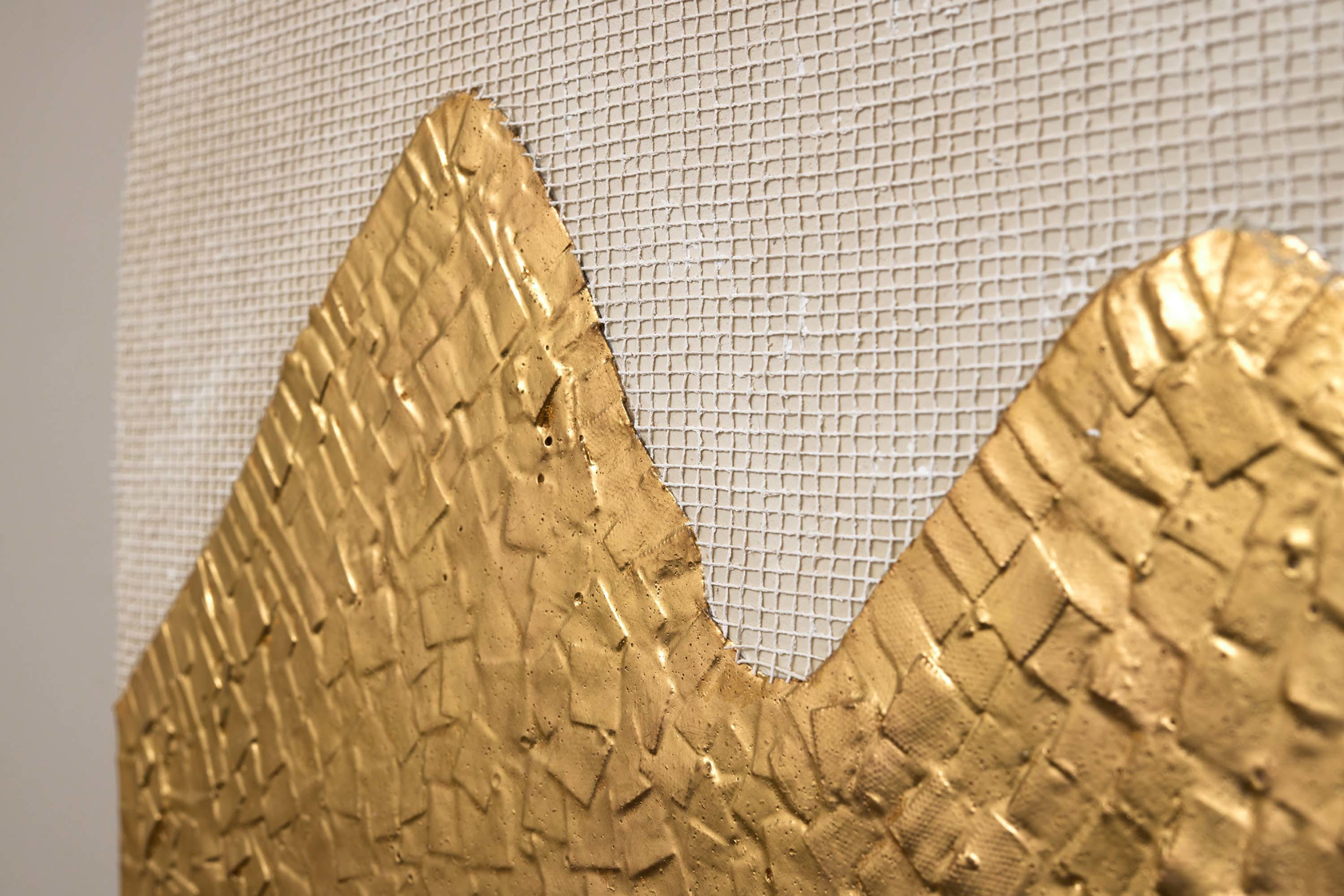 Lina Iris Viktor Bambouk2024 24 carat gold, acrylic, cut paper, linen, jute on wood panel 125 x 59.5 x 5...