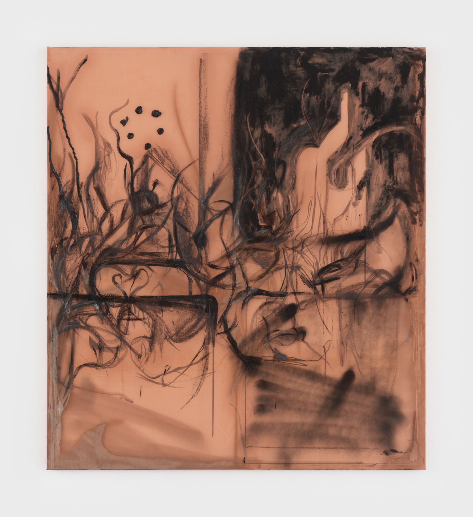 Peppi Bottrop C29.wtfg.022024 Oil, acrylic, charcoal, graphite and paper on copper mesh 189.9 x 170.2 cm 74 3/4 x 67...