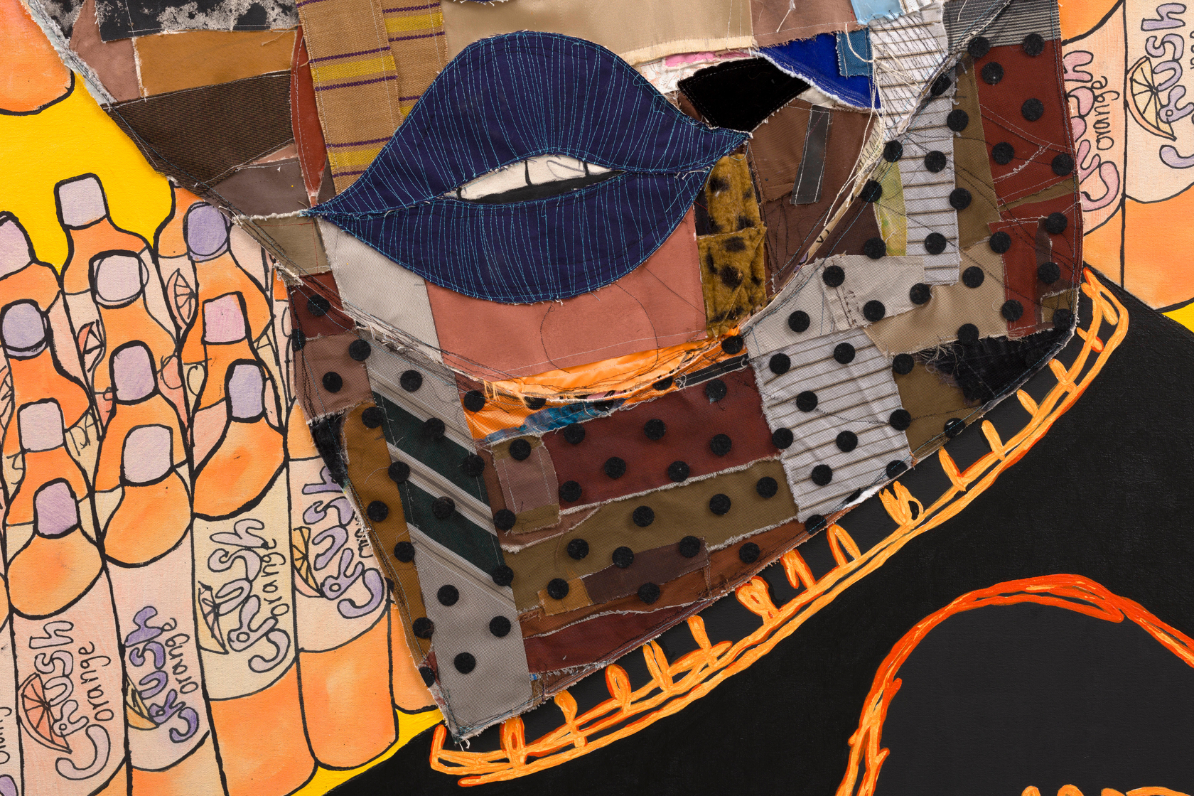 Tschabalala Self Customer 3 2024 Acrylic, colored pencil, fabric, painted canvas and thread on canvas 243.8 x 243.8 cm 96...