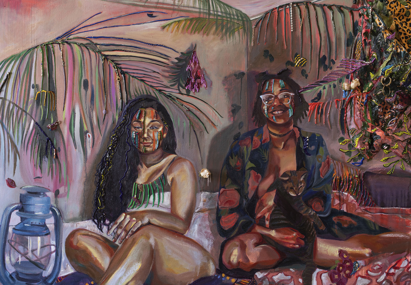 Gisela McDaniel Got Your Back2020 Oil on canvas, found object, flower, resin, sound on USB 91.4 x 111.8 x 21.6...