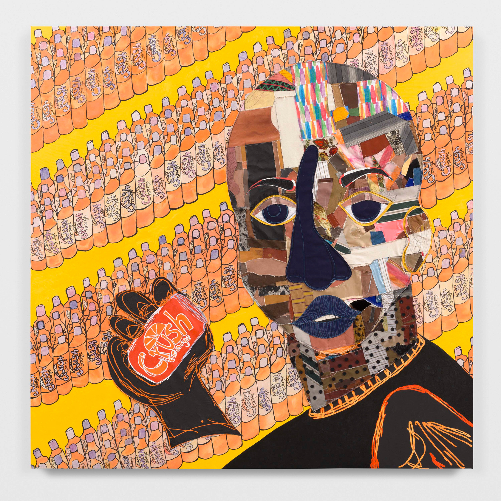 Tschabalala Self Customer 3 2024 Acrylic, colored pencil, fabric, painted canvas and thread on canvas 243.8 x 243.8 cm 96...