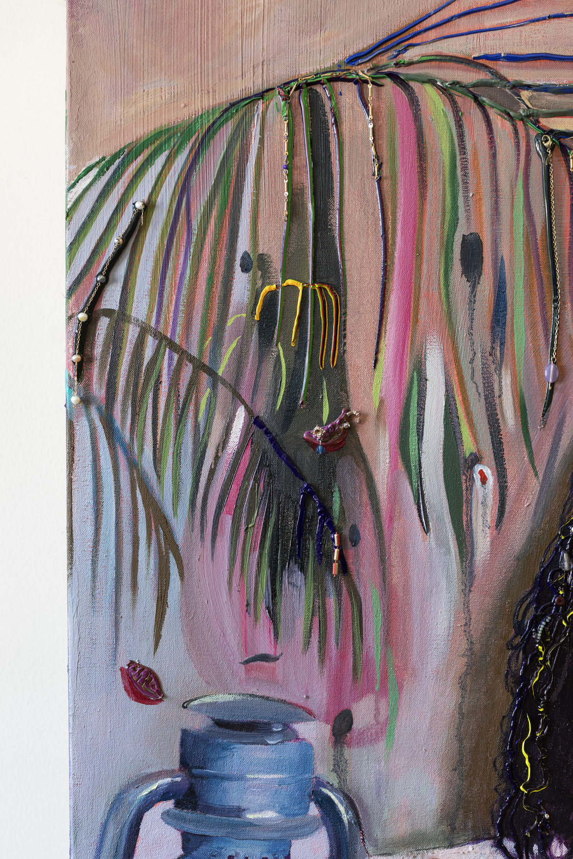 Gisela McDaniel Got Your Back2020 Oil on canvas, found object, flower, resin, sound on USB 91.4 x 111.8 x 21.6...