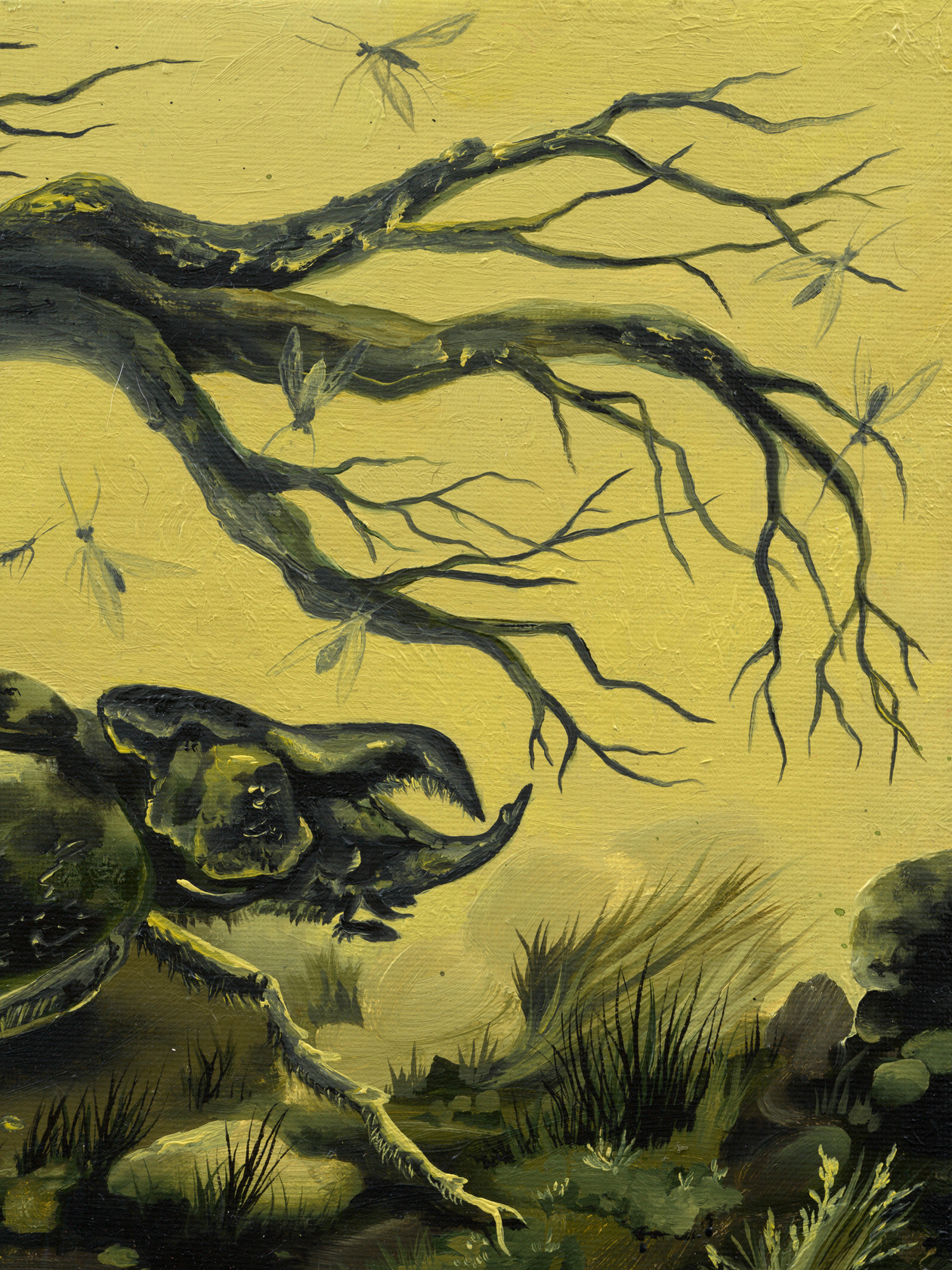 Kat Lyons Season of the Beetle2025 Oil on canvas Custom Frame: Dirt dyed muslin and acrylic paint 47.6 x 57.8...