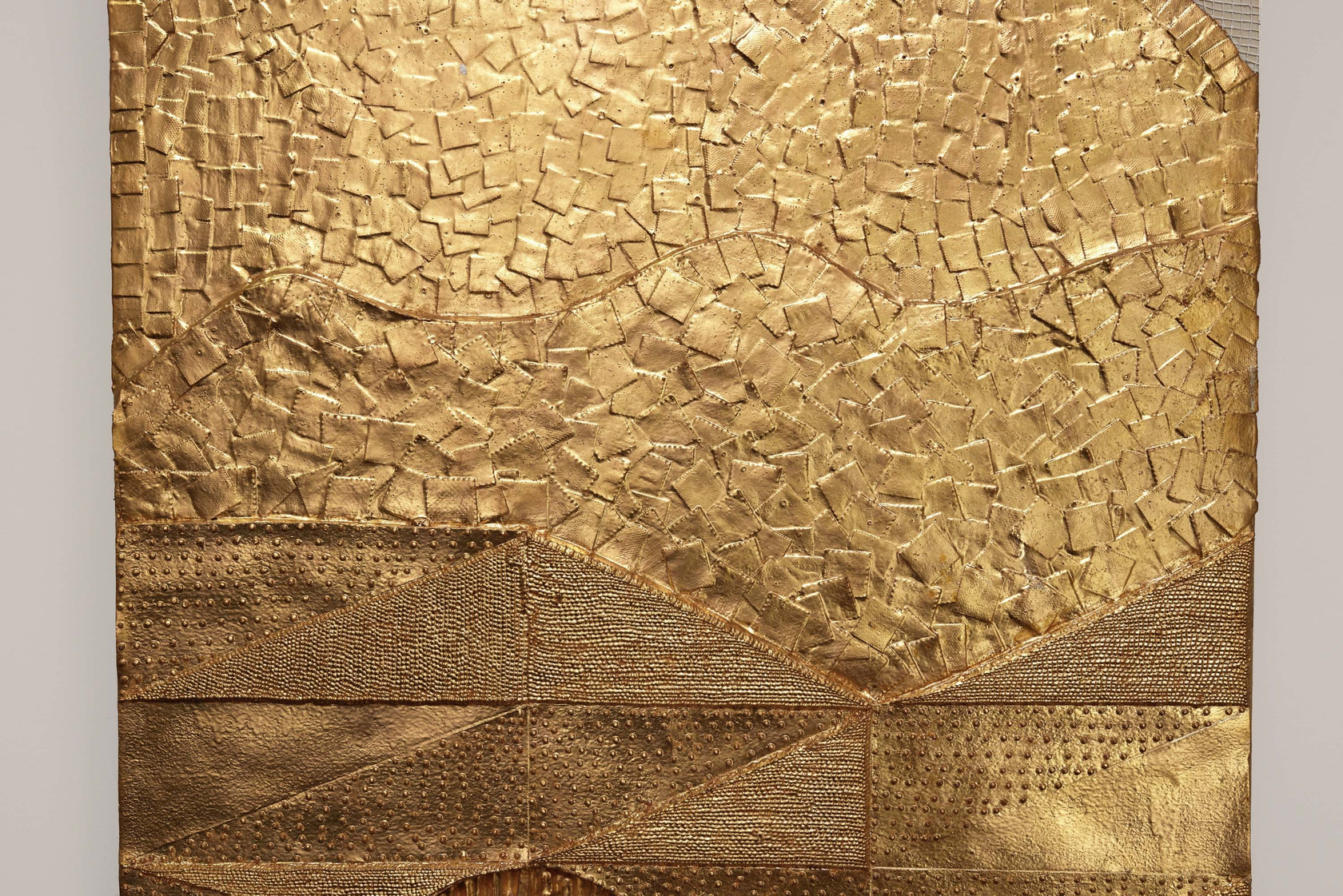 Lina Iris Viktor Bambouk2024 24 carat gold, acrylic, cut paper, linen, jute on wood panel 125 x 59.5 x 5...