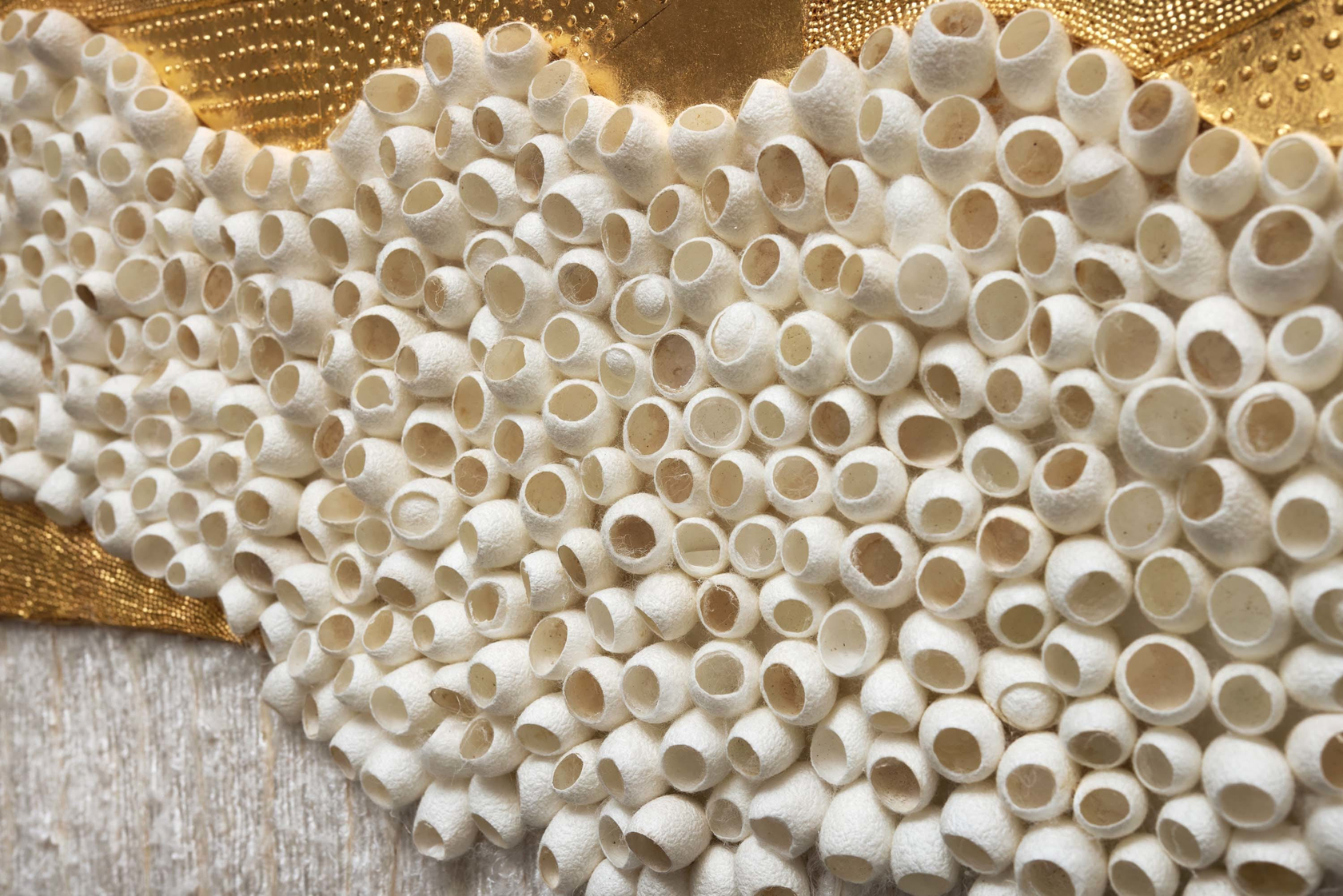 Lina Iris Viktor Bouré2024 24 carat gold, acrylic, cut paper, linen, silk, banana yarn, raffia, silk cocoons on wood panel...