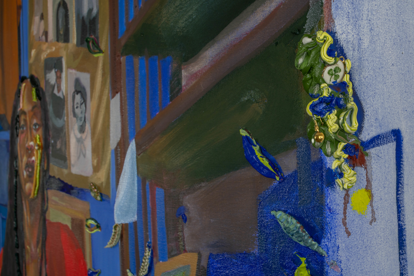 Gisela McDaniel Find my voice again2022 Oil on canvas, found objects, sound 101.6 x 152.4 cm 40 x 60 in