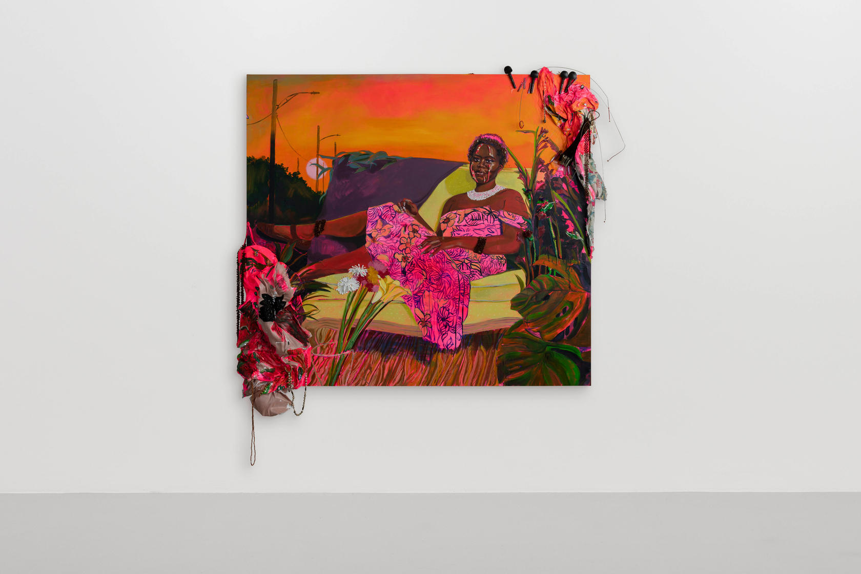 Gisela McDaniel Sunset over 8 mile2022 Oil on panel, jewelry & chello pieces from subject-collaborator, resin, flower, sound 127 x...