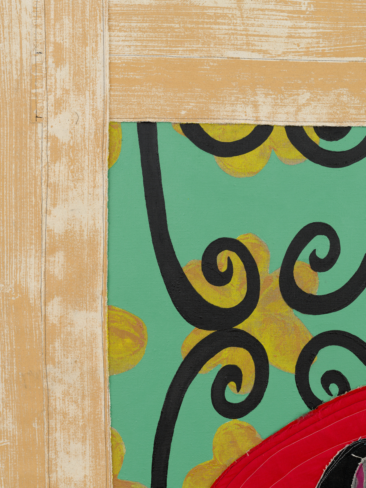 Tschabalala Self Spiral2024 Fabric, dye, thread, acrylic paint and oil paint on linen 182.9 x 213.4 cm 72 x 84...