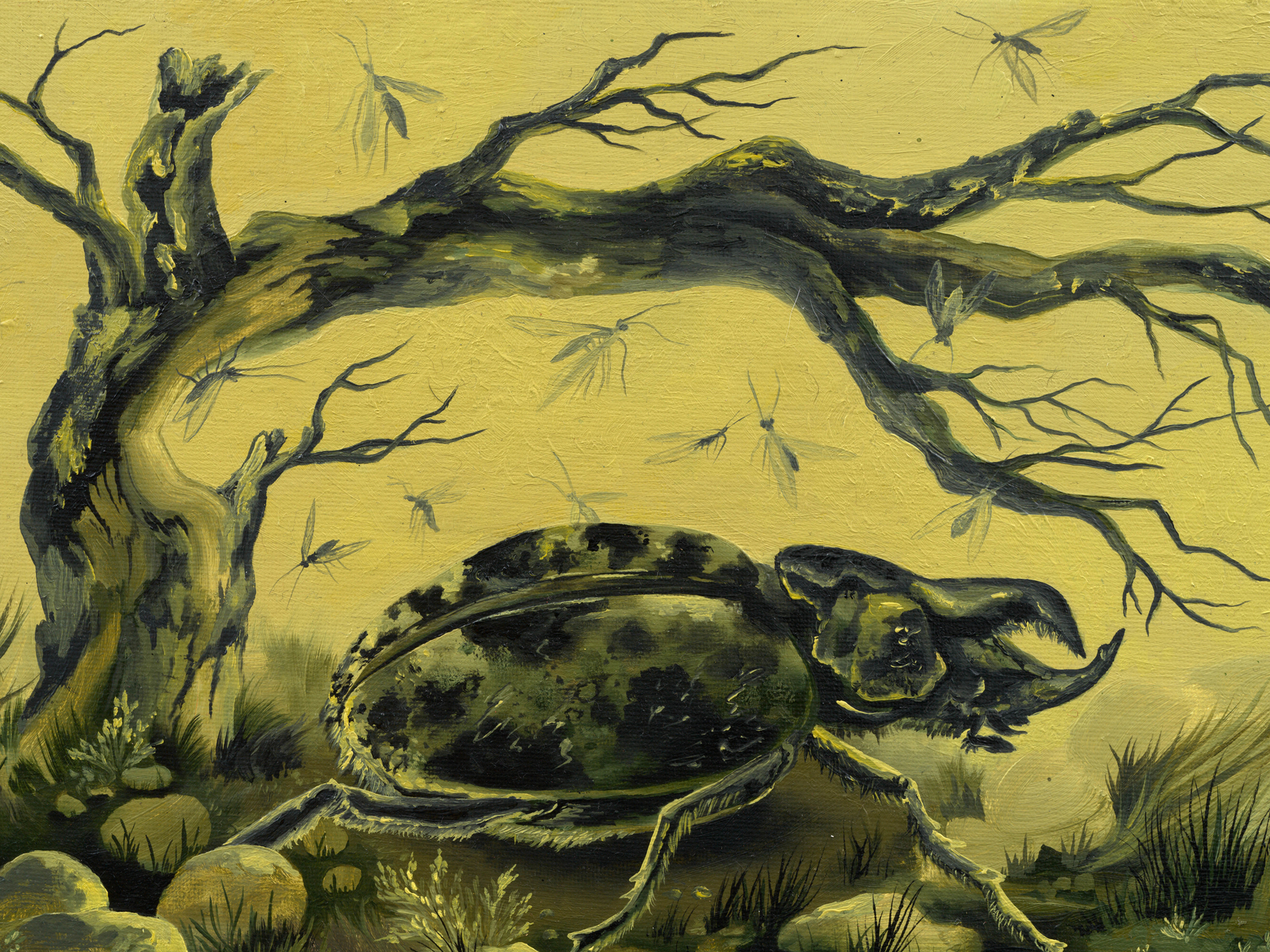 Kat Lyons Season of the Beetle2025 Oil on canvas Custom Frame: Dirt dyed muslin and acrylic paint 47.6 x 57.8...