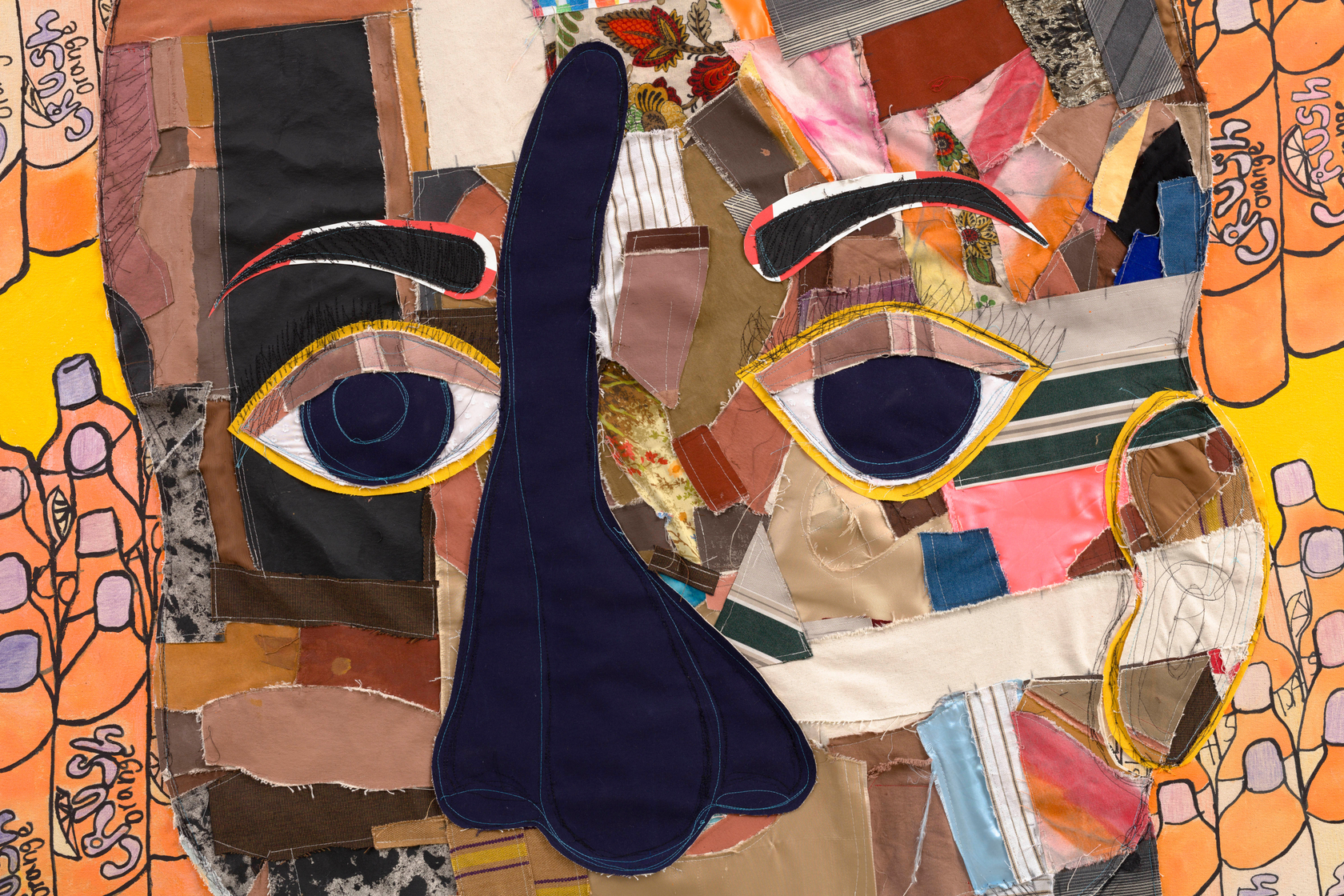 Tschabalala Self Customer 3 2024 Acrylic, colored pencil, fabric, painted canvas and thread on canvas 243.8 x 243.8 cm 96...