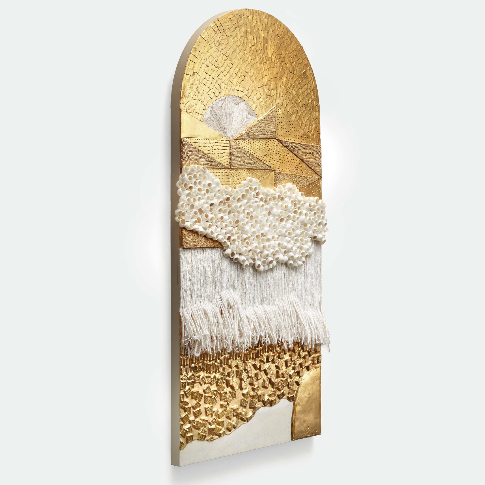 Lina Iris Viktor Bouré2024 24 carat gold, acrylic, cut paper, linen, silk, banana yarn, raffia, silk cocoons on wood panel...