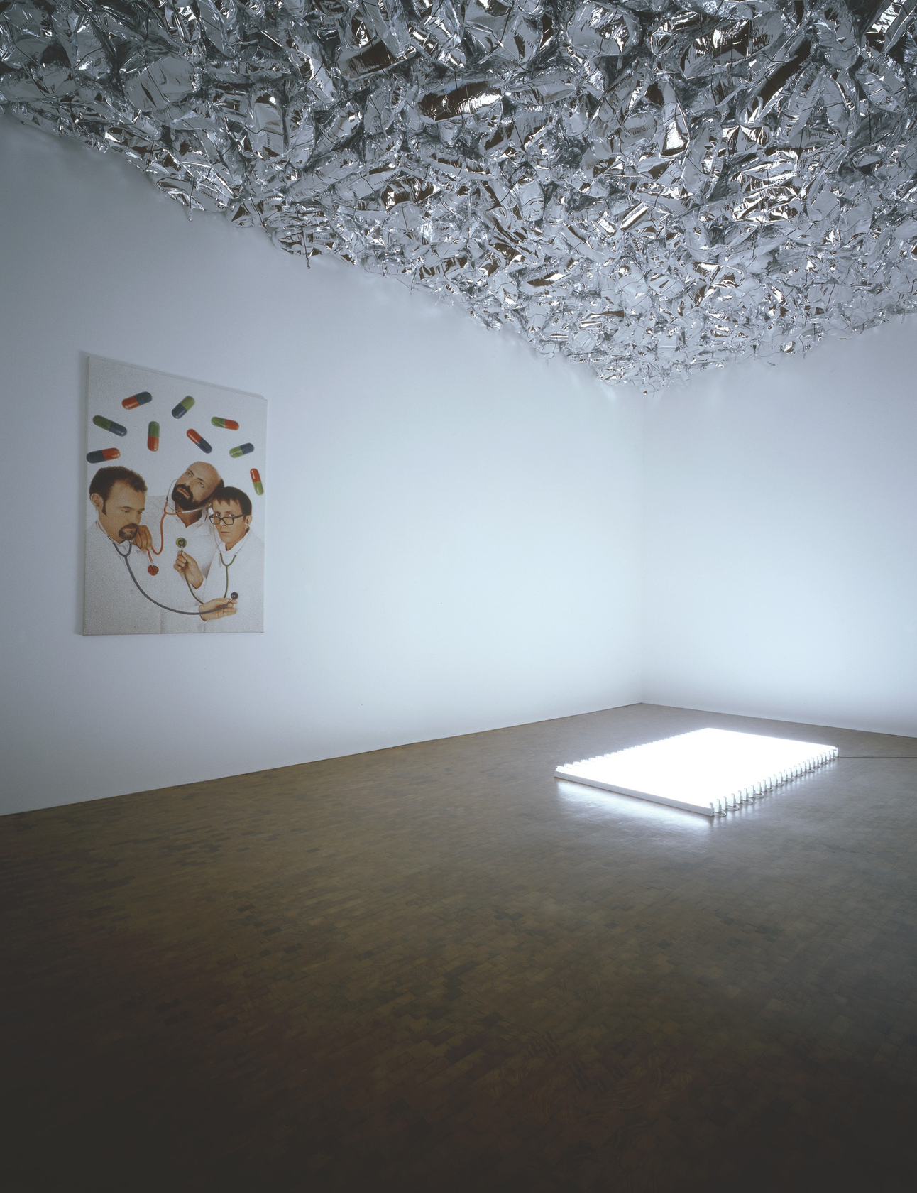 Magi© Bullet, 1992 (ceiling) Silver helium-filled Mylar balloon, multipart Shaped like pharmaceutical capsules, helium-inflated silver balloons cover the ceiling of...
