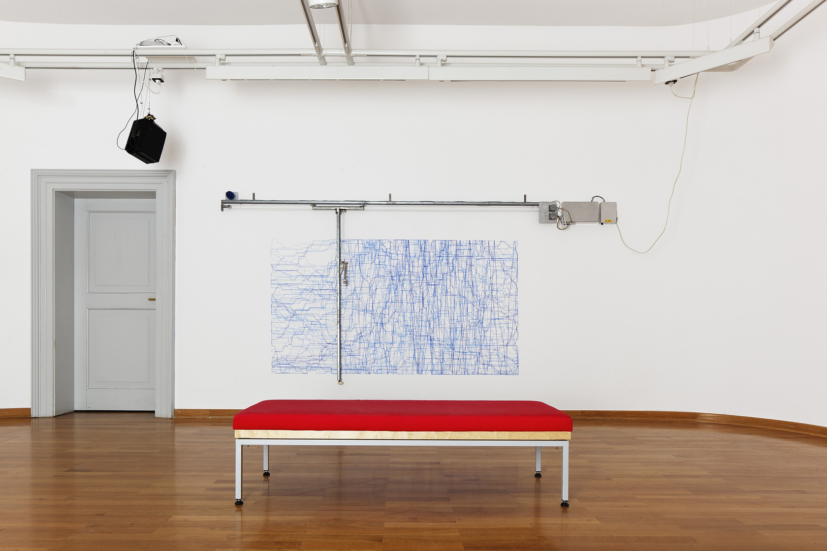 Grid Drawing Machine, 1992 Steel rail, pulleys, rope, 2 motors, electronics, switches, box, pen, spare nibs, brackets, wick The work...