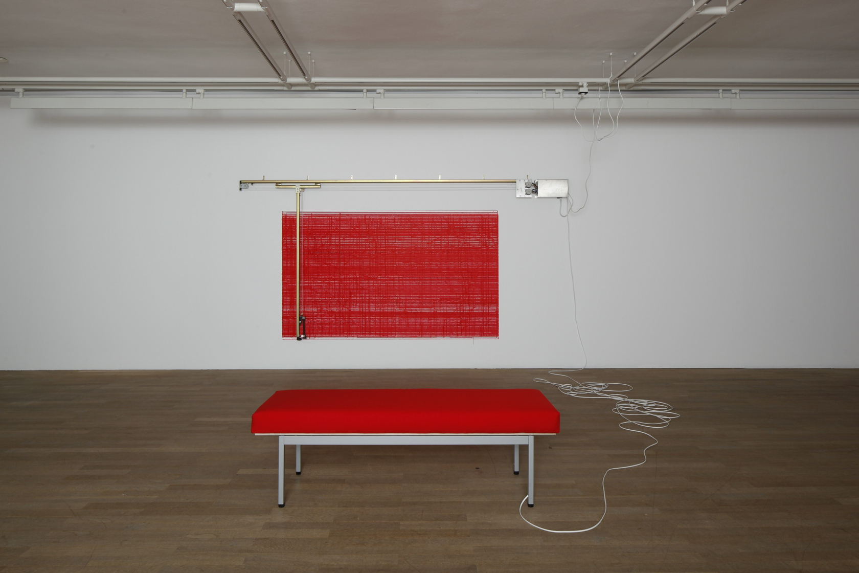 Constructostrato Drawing Machine: Red, 2011 Bench to activate drawing machine, ink, metal rails and electronic motor, paper The Drawing Machines...