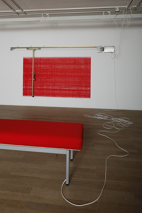 Constructostrato Drawing Machine: Red, 2011 Bench to activate drawing machine, ink, metal rails and electronic motor, paper The Drawing Machines...