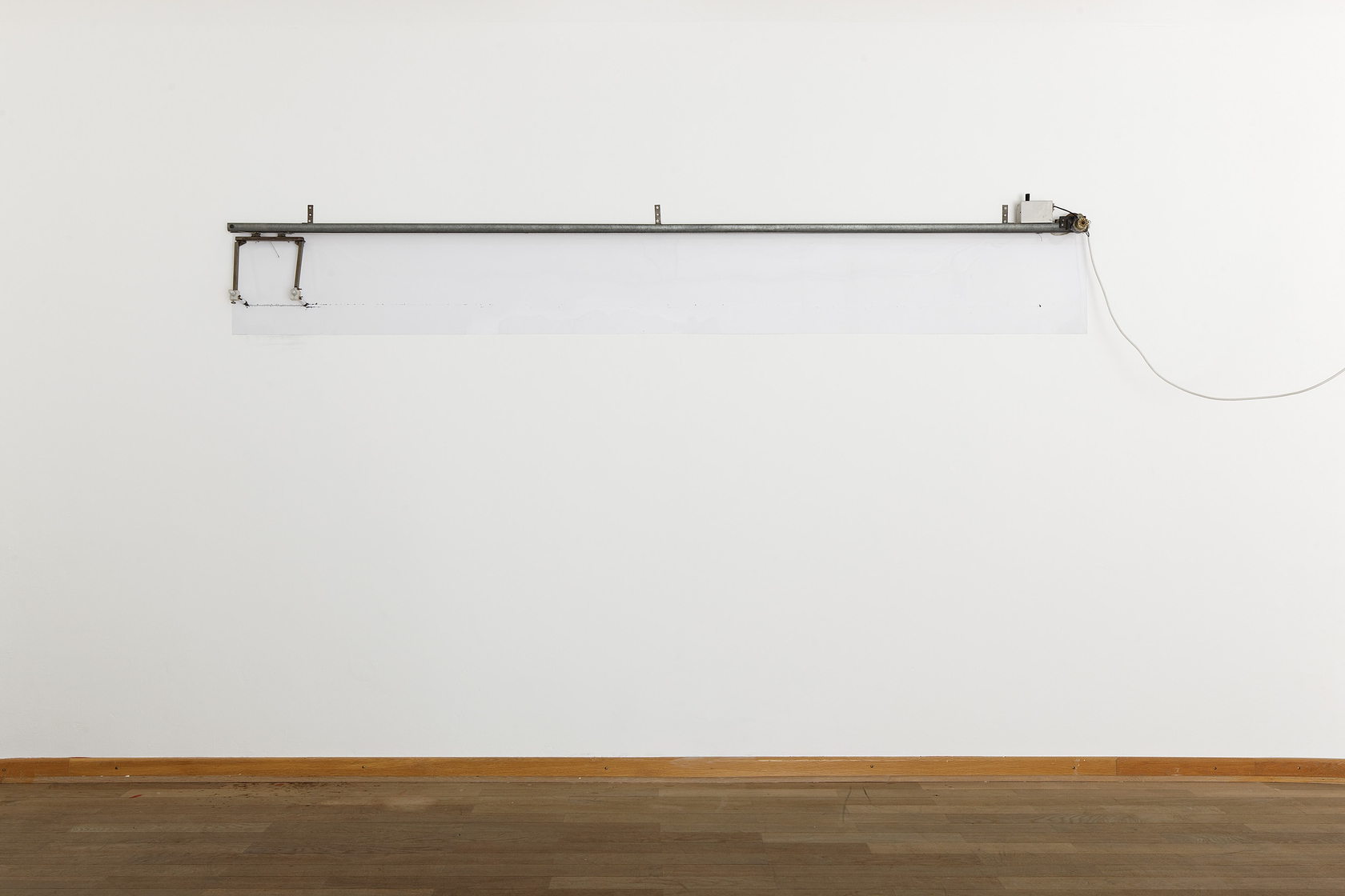 On/Off Line Drawing Machine, 1991 Steel rail, pulleys, rope, motor, switches, brackets, rollers, pen, wiper This drawing machine has no...