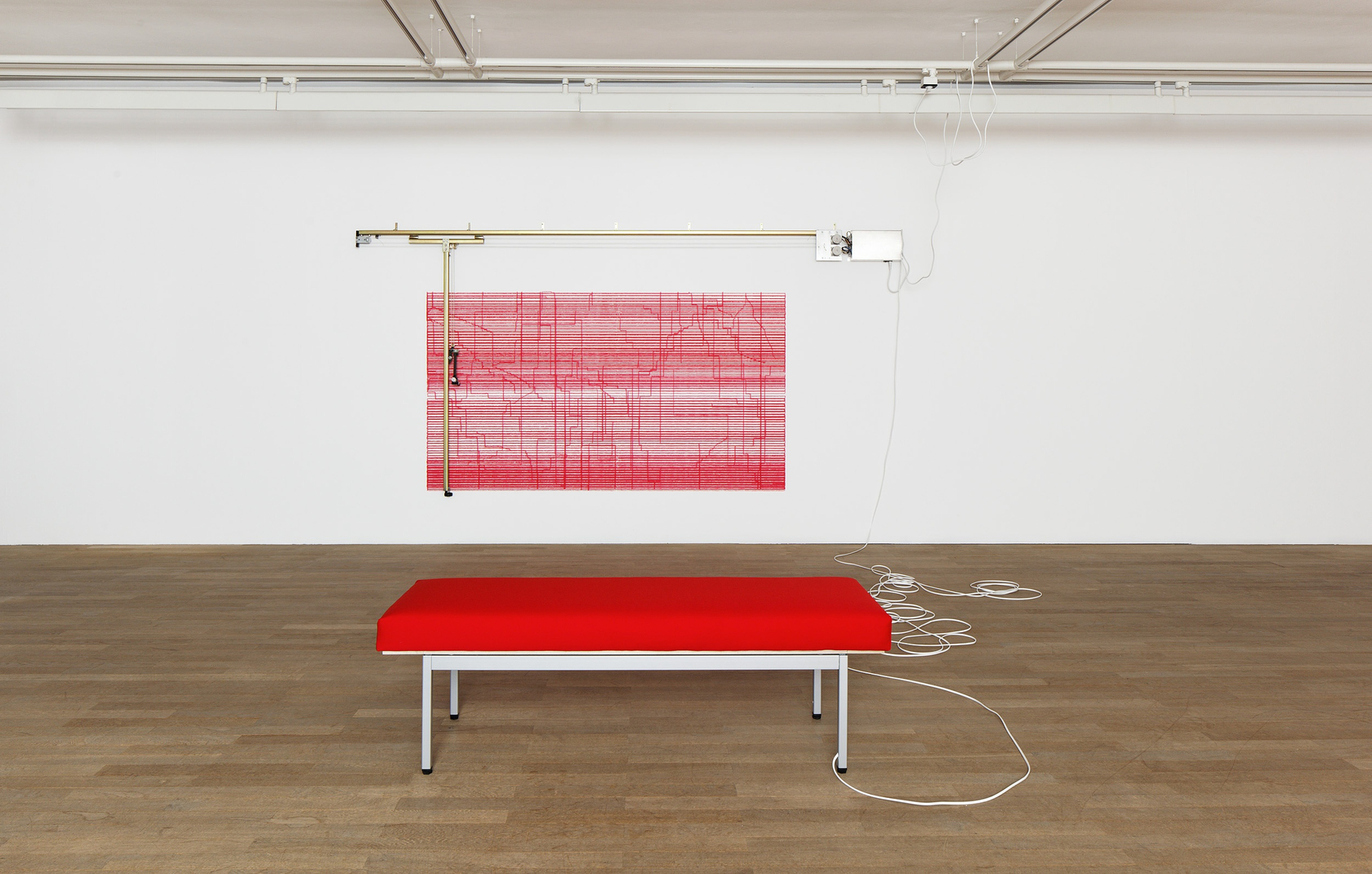 Constructostrato Drawing Machine: Red, 2011 Bench to activate drawing machine, ink, metal rails and electronic motor, paper The Drawing Machines...