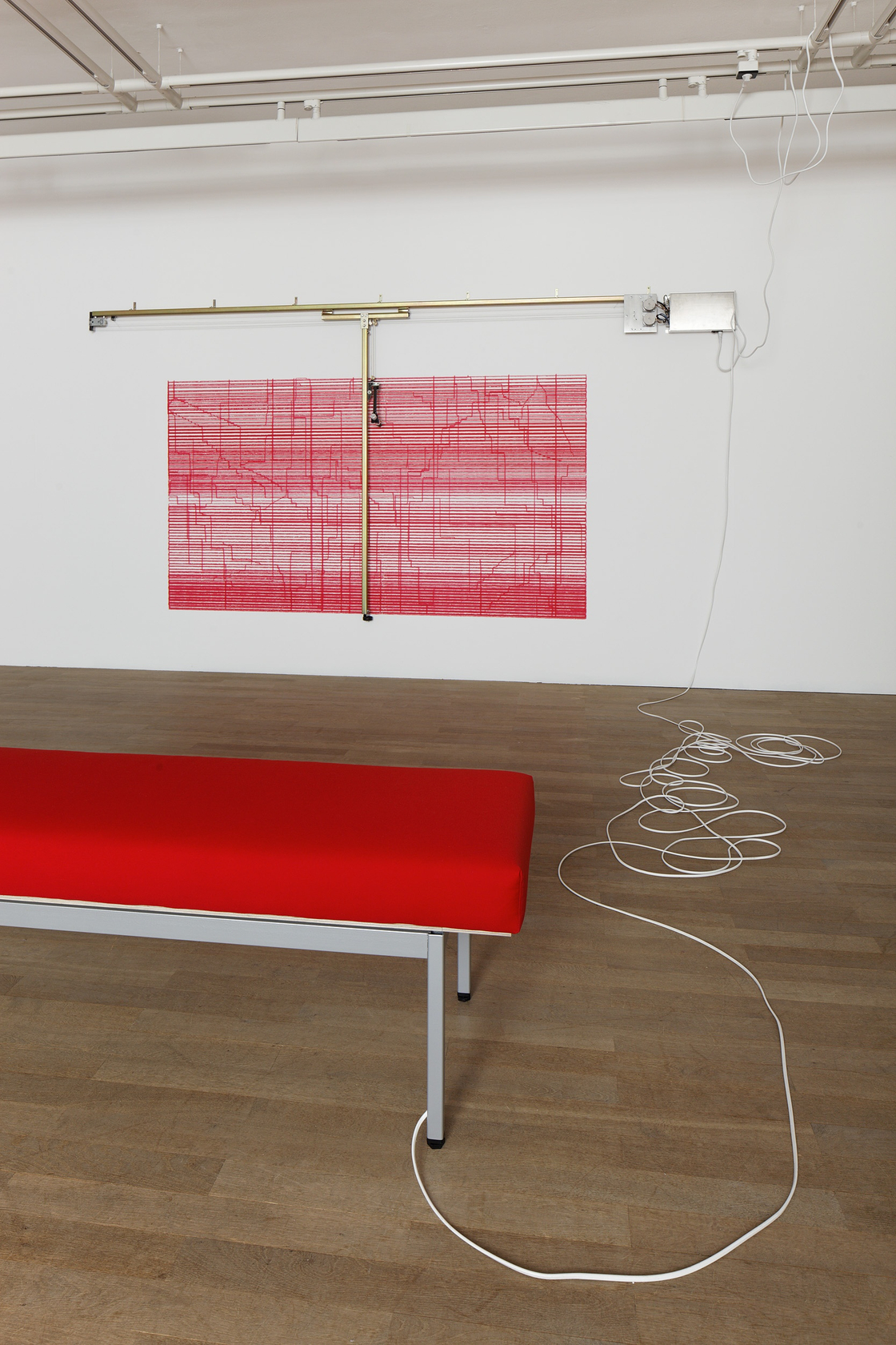 Constructostrato Drawing Machine: Red, 2011 Bench to activate drawing machine, ink, metal rails and electronic motor, paper The Drawing Machines...
