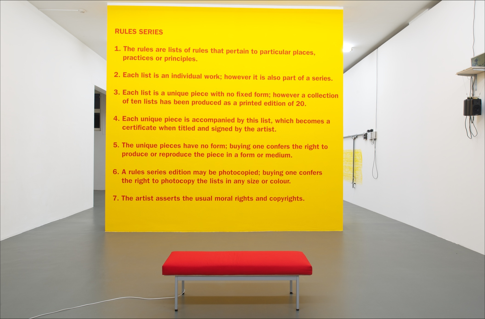 General Wall of Rules, 1996 Installation, printed paper, white frame, plexiglass panels Angela Bulloch’s work spans many media, but they...