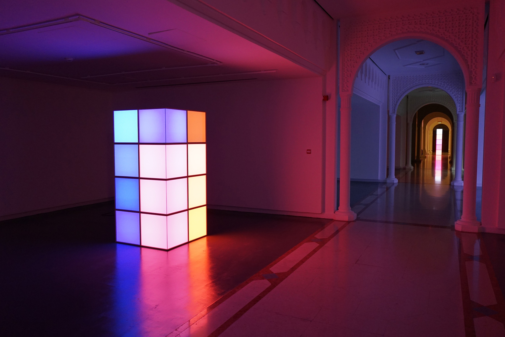 Pixel Corner Piece, 2015 (left) 8 regular wooden Pixel Boxes and 4 wooden corner Pixel Boxes, 12 international LED DMX...