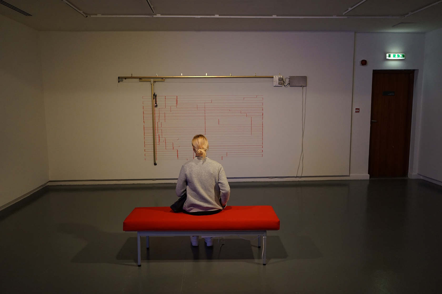 Constructostrato Drawing Machine: Red, 2011 Bench to activate drawing machine, ink, metal rails and electronic motor, paper The Drawing Machines...