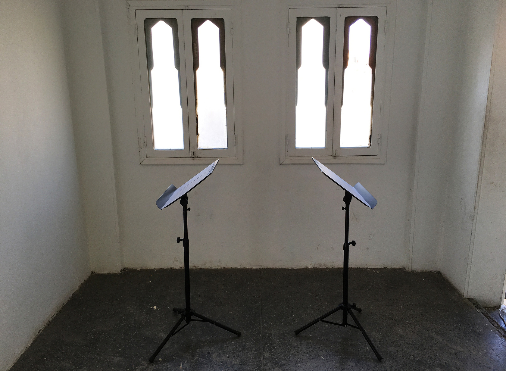 Duet, 2014 2 scores on paper, 2 music stands, pdf file, instructions Photo &copy; Ari Benjamin Meyers