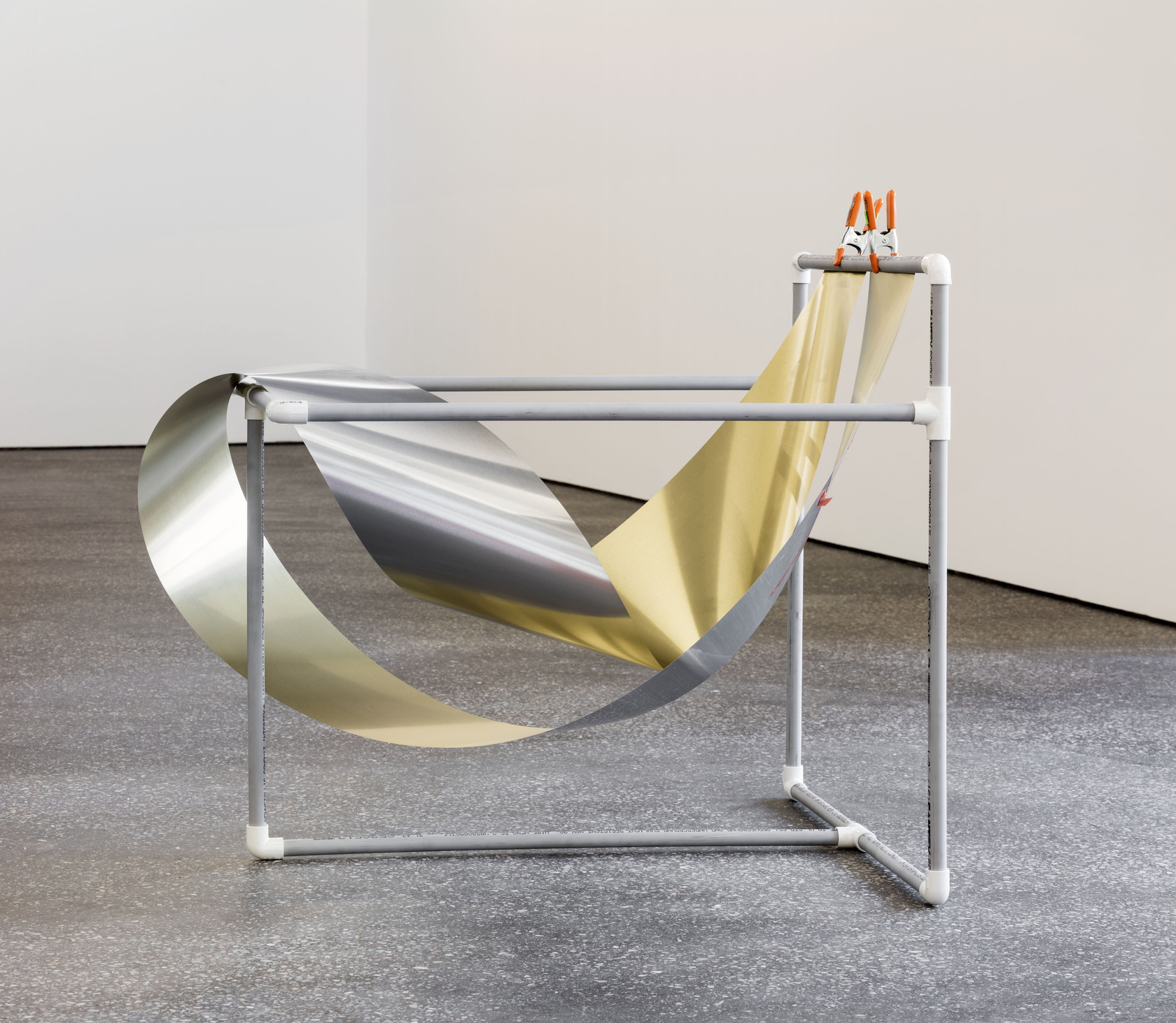 Charted Temperature 2, 2016 Pipes, aluminium sheet Held on an upper horizontal section of pipe at its ends by two...