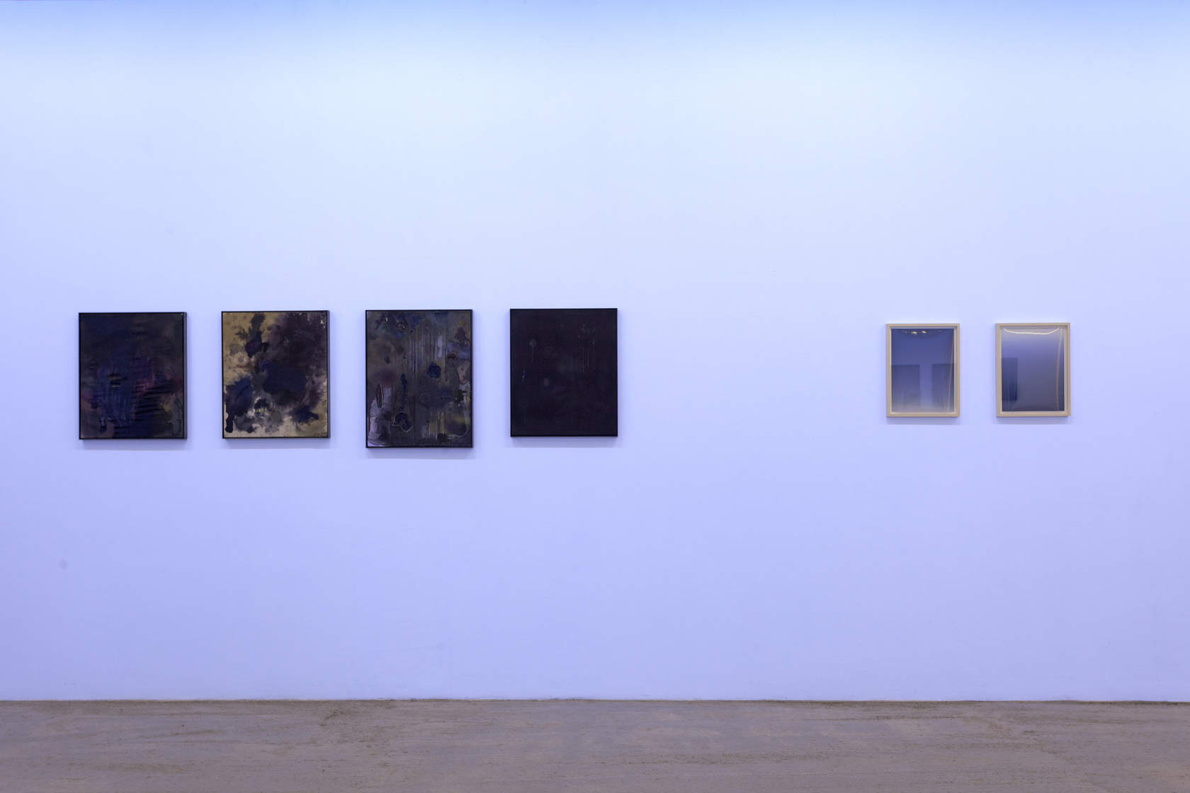 Each of the four works on the left: Untitled, 2010 Fabric paint, raw silk and cold rolled steel Group of...