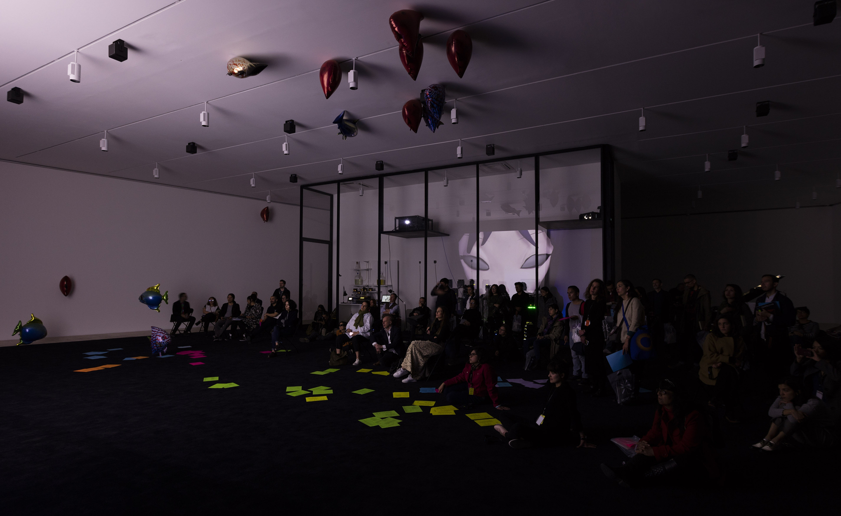 Reflection: Anywhere, 2017 3D animation Duration: 6:00 min On the ceiling: My Room Is Another Fish Bowl, 2016 Mylar balloons...