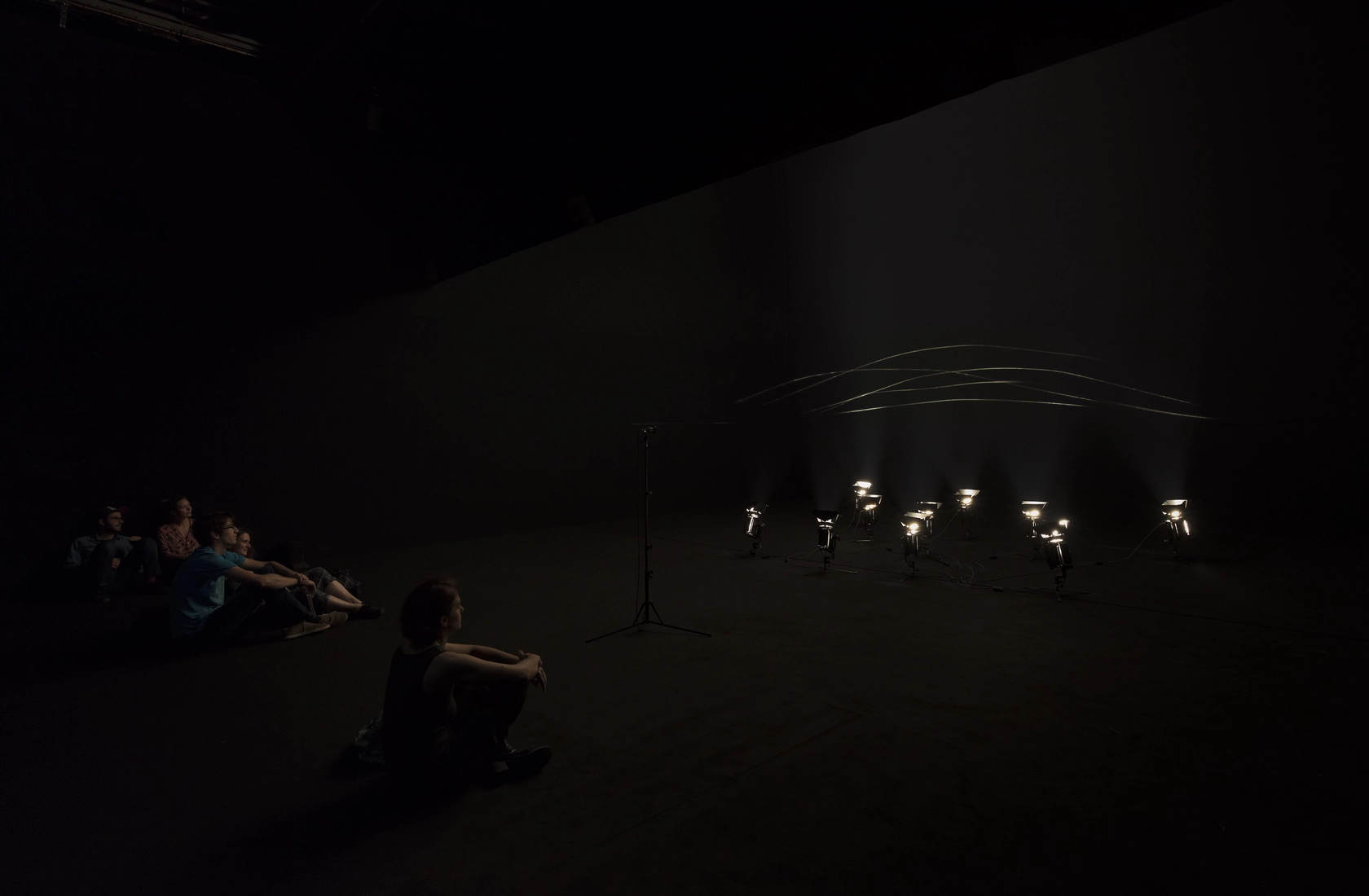 Sounding the Air, 2018 spidersilk (6 m each, 5 parts), computer, camera, mixer, stands, Dedolights, carbon fiber 2 x 6...