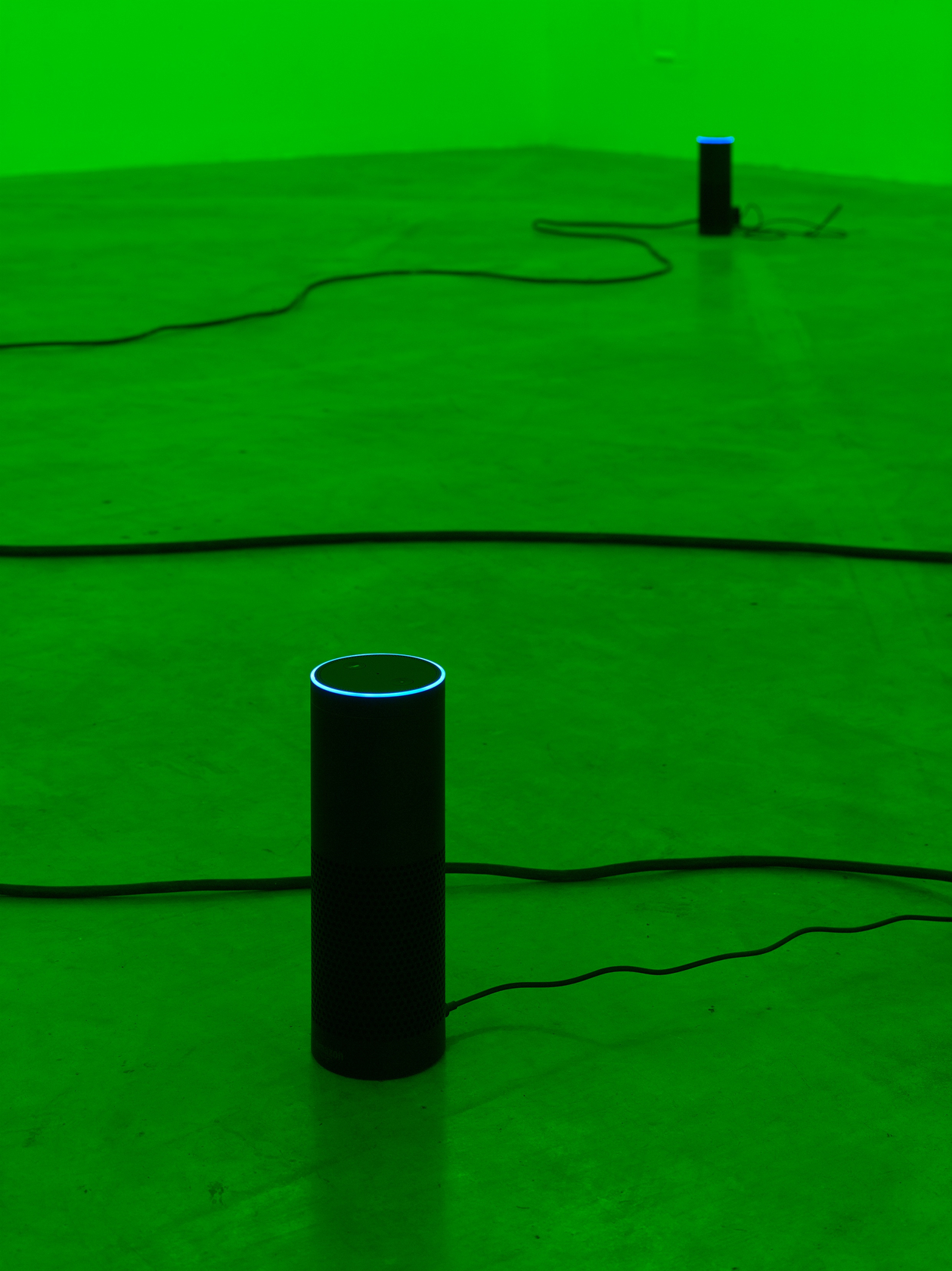 Julia Scher Delta Alexa, 2018 Alexa virtual assistants, green gel filter, MP3 players, cables Dimensions variable Photo &copy; Simon Vogel