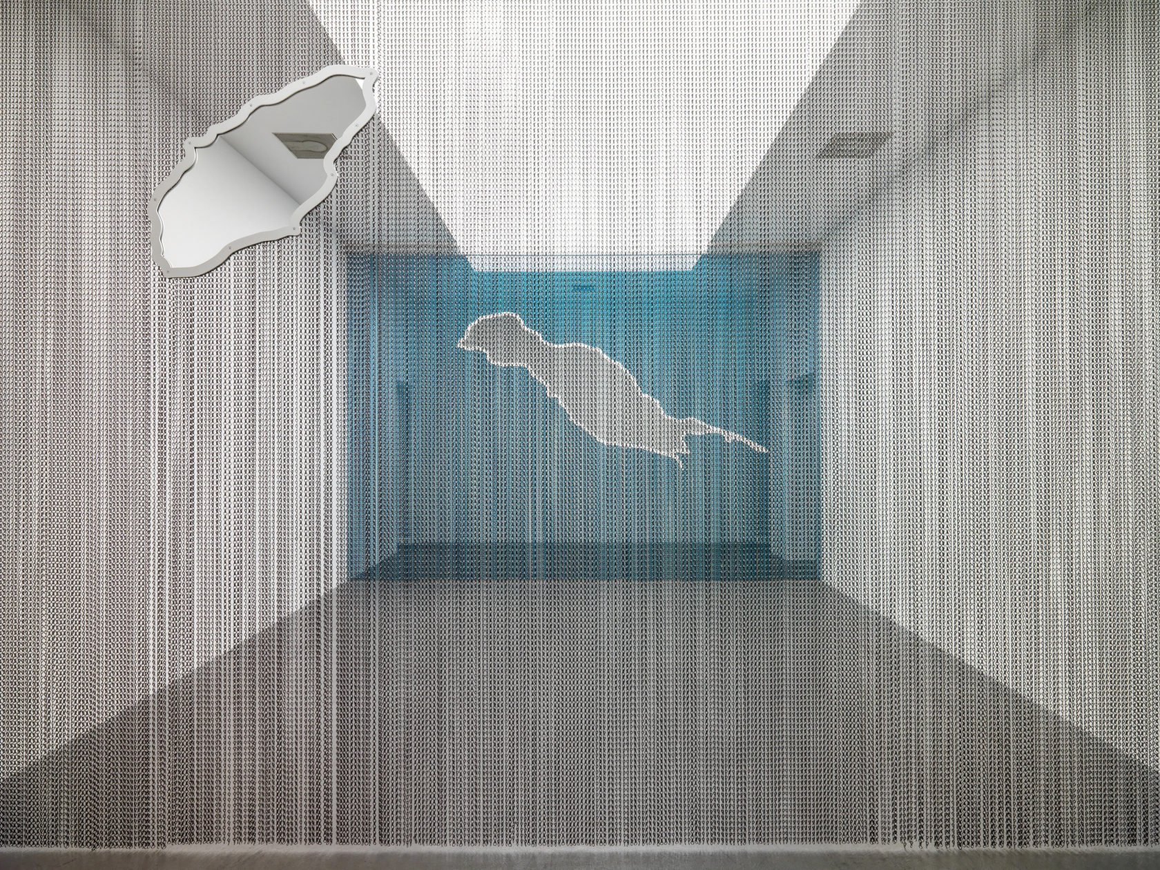 Daniel Steegmann Mangrané Summer Clouds, 2017 Kriska aluminium curtains, aluminium rail, powder-coated steel frames 350 x 890 x 6 cm,...