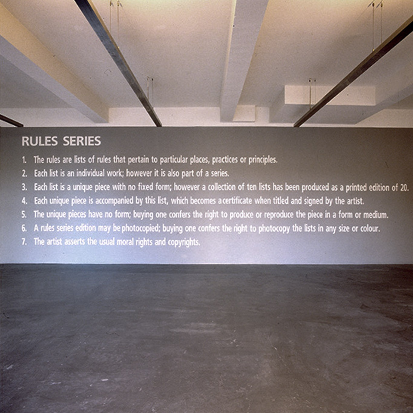 Exhibition view: Angela Bulloch, Rules Series, Esther Schipper, Cologne, 1993. Photo &copy; Lothar Schnepf