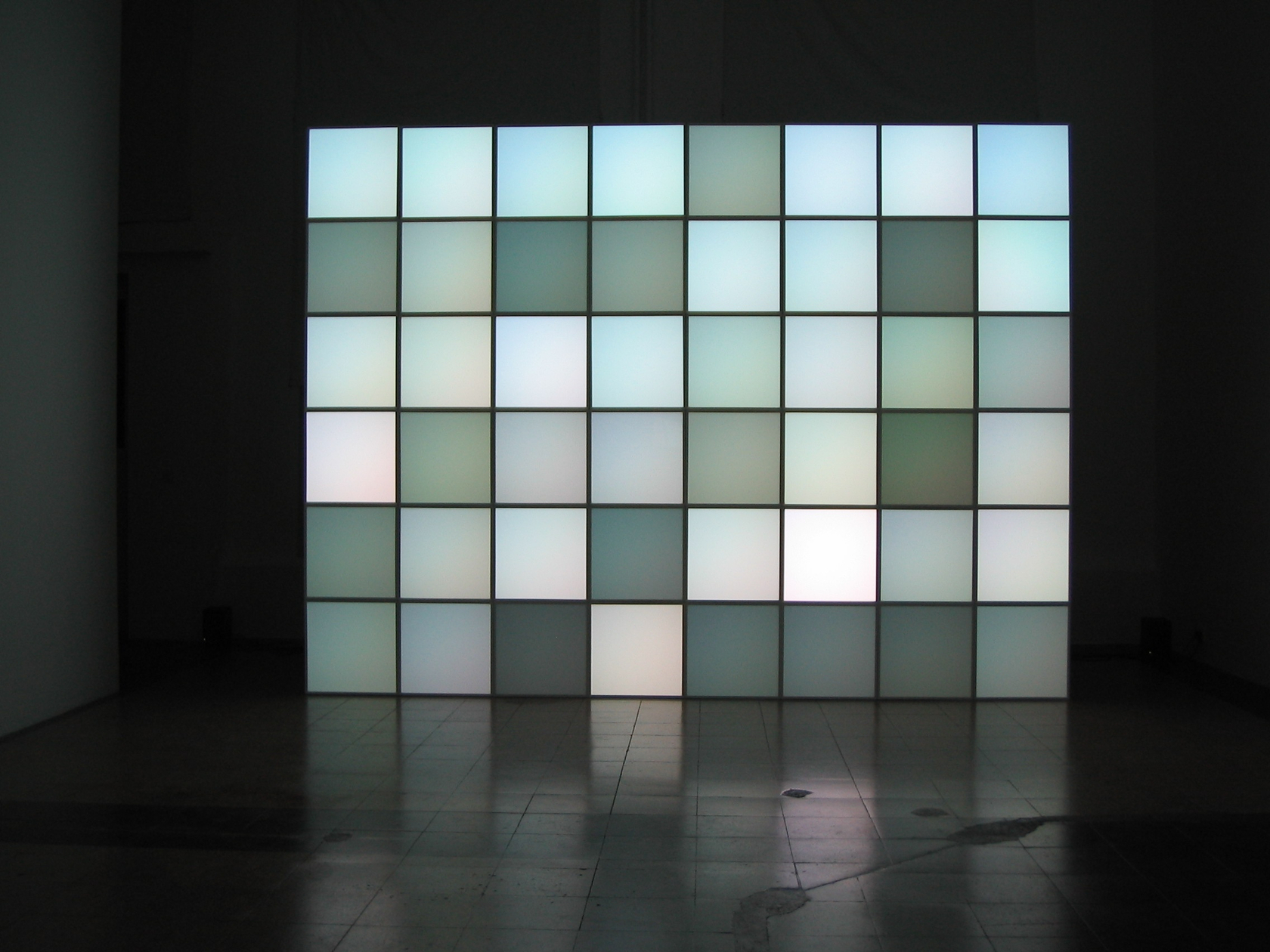 Z Point, 2001, 2004 48 plastic pixel modules (wall of 6 x 8 modules) Plastic, printed aluminium panel, white glass,...