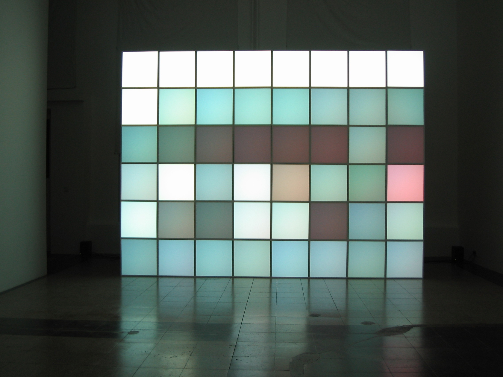 Z Point, 2001, 2004 48 plastic pixel modules (wall of 6 x 8 modules) Plastic, printed aluminium panel, white glass,...