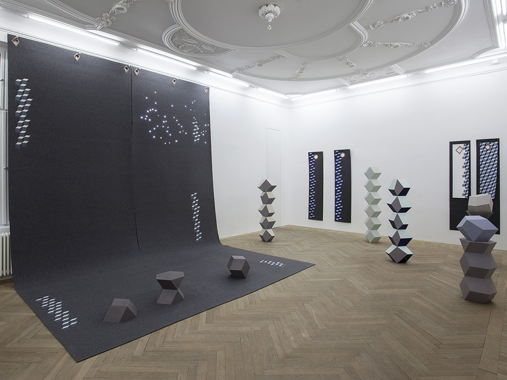 From left to right: Hercules Wall Hanging 008, 2014 Two printed grey felt panels with 6 rivets and 6 hanging...