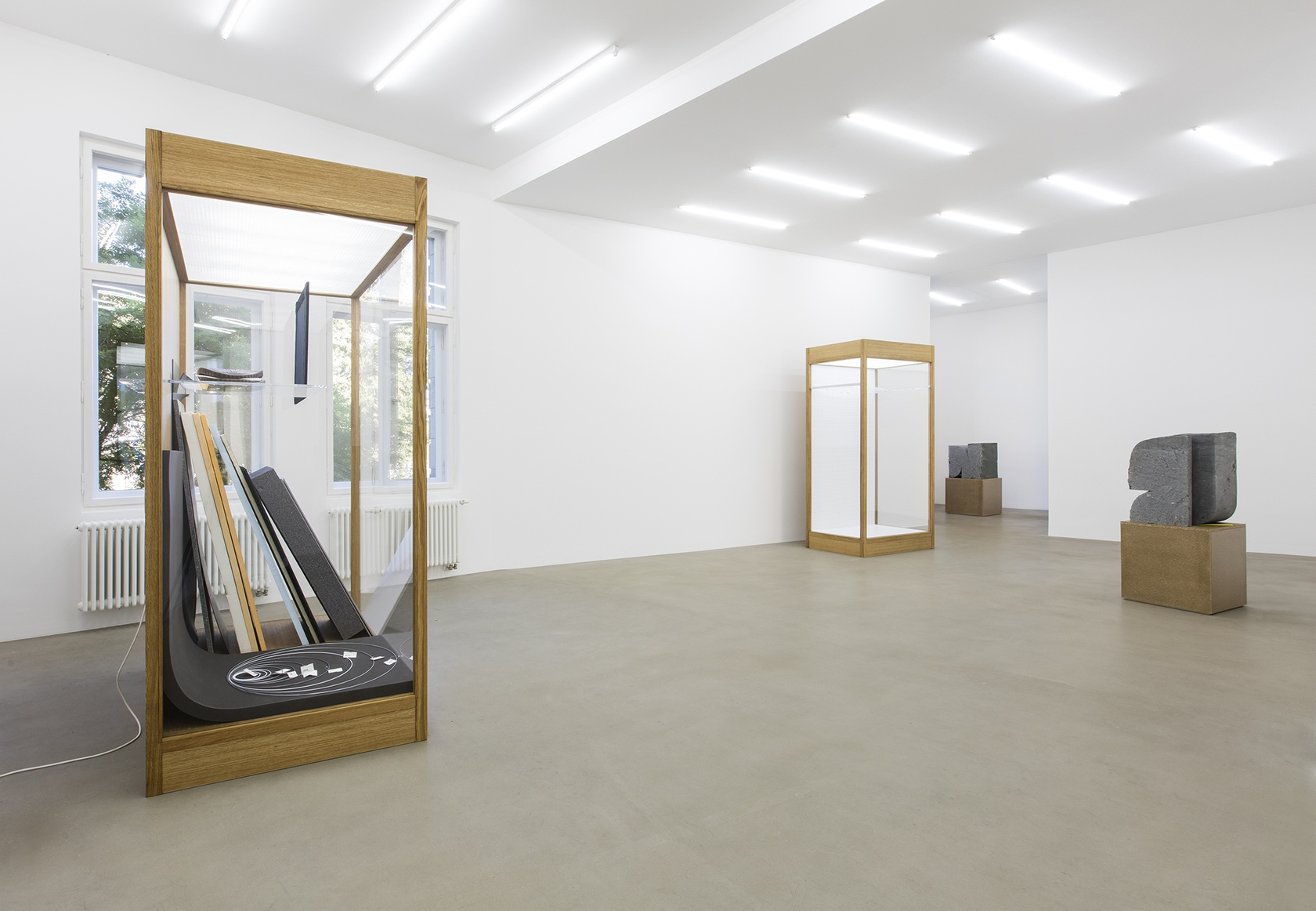 The hard line, hardened, 2015 (left) Mixed media in wood and plexiglas vitrine with interior lighting The vitrine contains an...