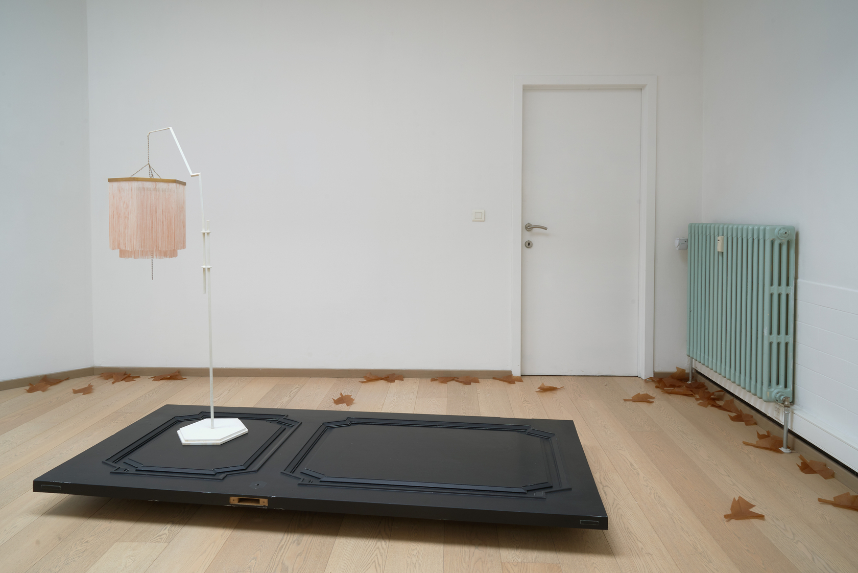 Alone On The Water, 2018 Painted wood, painted and stained steel, brass chain, brass, dyed fringing 155 x 209.5 x...