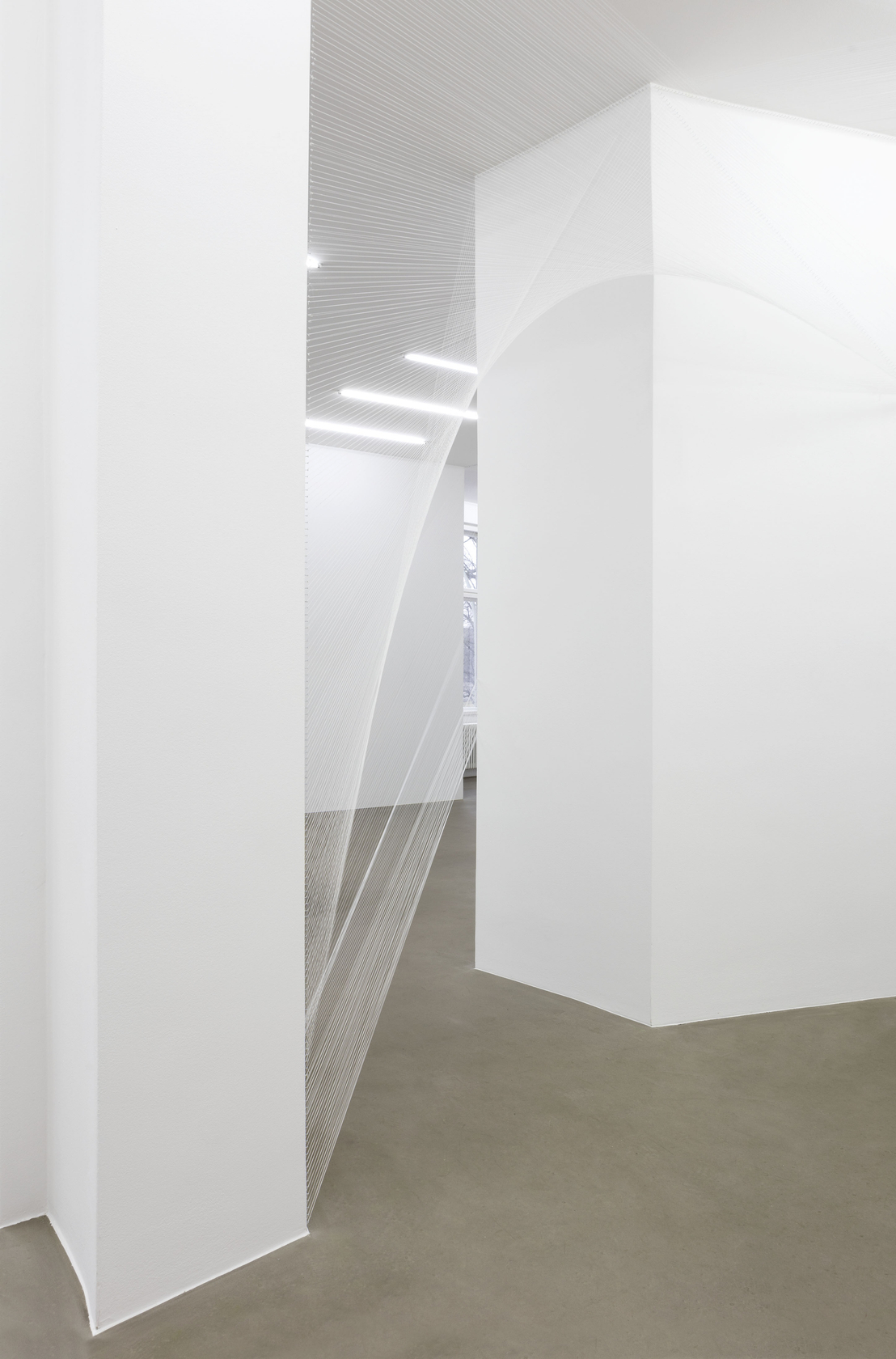 Hyperboloïde VIII, 2016 Thread, nails The architectural intervention connects different rooms. The threads originate from an ornamental floral pattern created...