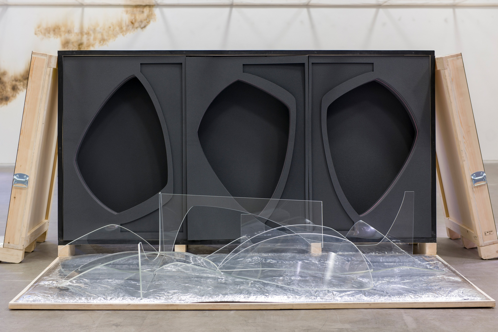 moth wings positive and negative, 2020 Wooden crate with customized CNC cut thermally insulated foam, fiberglass, aluminum 120 x 260...