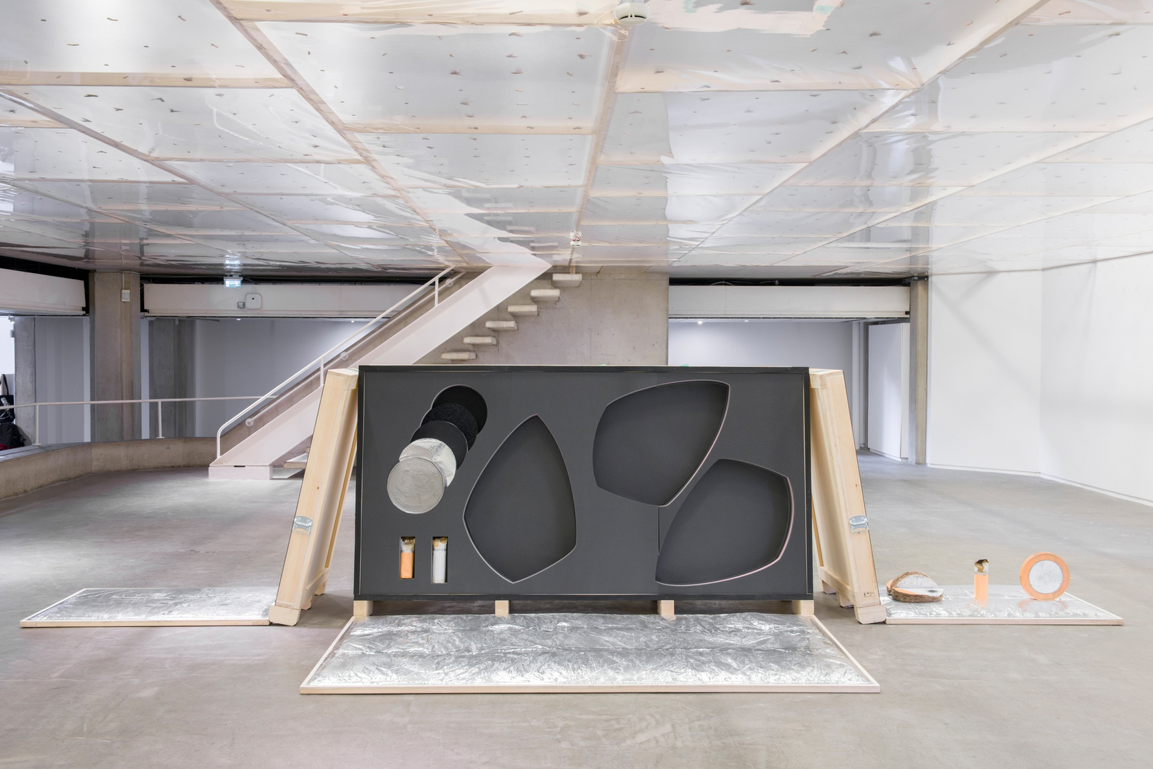 moth wings and padding props, 2020 Wooden crate with customized CNC cut thermally insulated foam, fiberglass, aluminum 130 x 260...