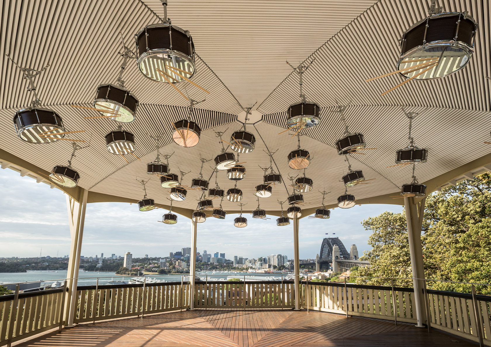 Anri Sala, The Last Resort, 2017, 42-channel sound installation including 38 altered snare drums, loudspeaker parts, snare stands, drumsticks, soundtrack...