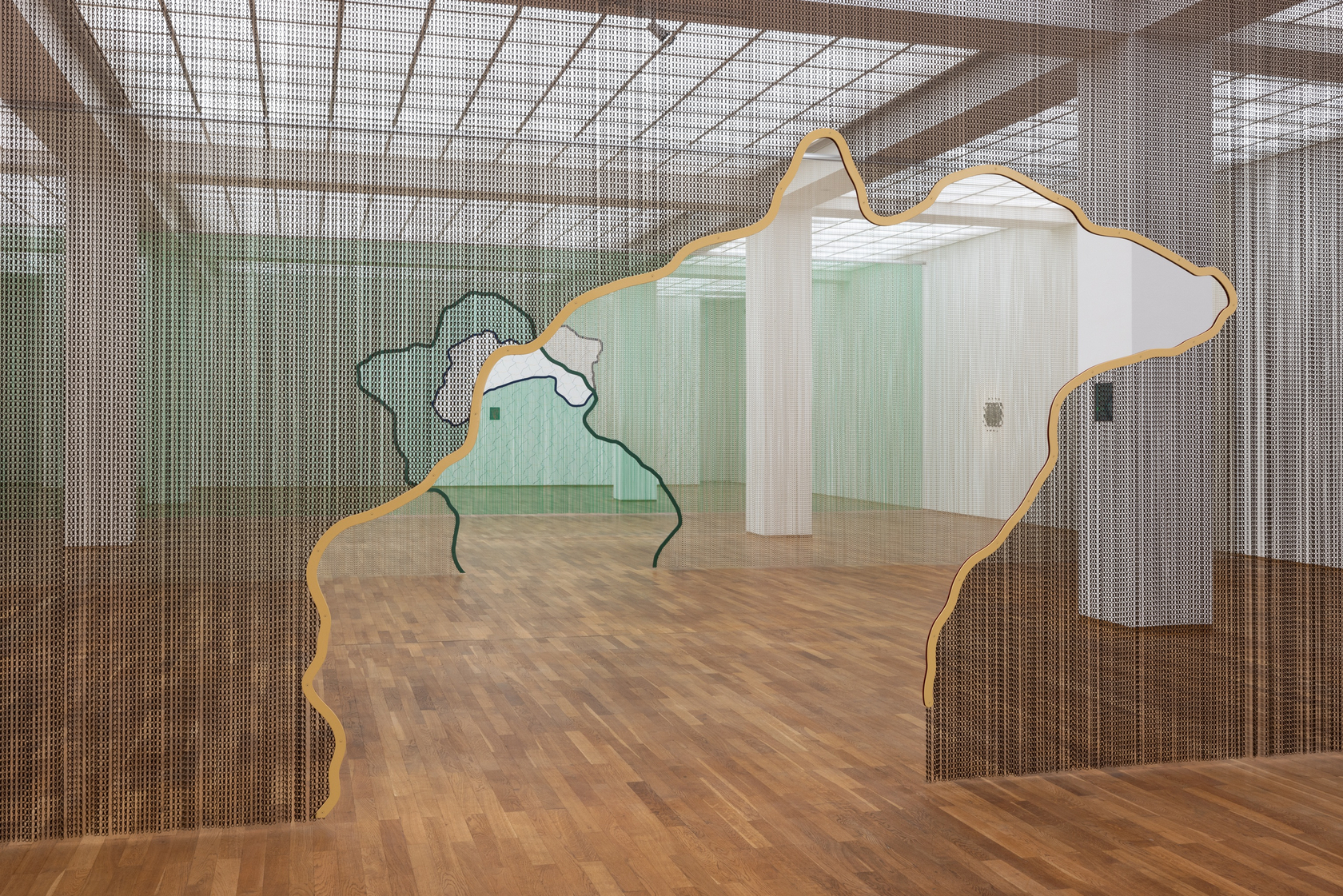 Daniel Steegmann Mangrané, ⊮, 2022 Kriska aluminium curtain, aluminium rail, powder-coated steel frames 3,95 x 15 m (155 1/2 x...