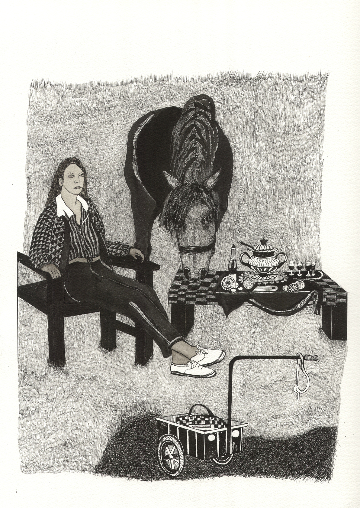 Elisabeth Schrader, Tee ist fertig, 2008, ink on paper, 45,5 x 30,5 cm. © the artist