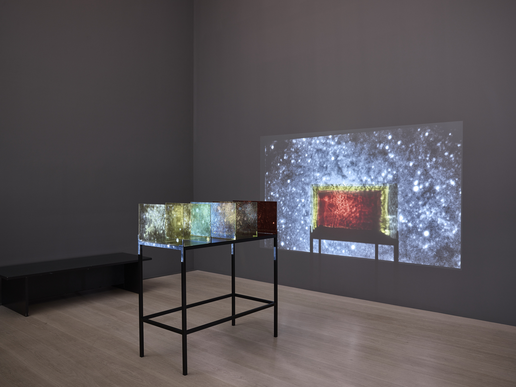 Rosa Barba The Color Out of Space, 2015 HD video (color, sound), 5 colored glass filters, steel base Video duration:...
