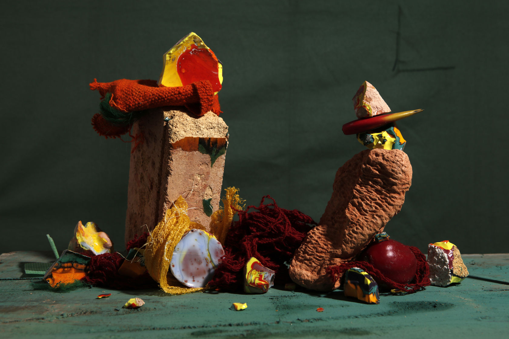 Lorenzo Vitturi, Fused Cotisso, Terracotta, Manta, Cochinilla Dyed Yarn, Green Pigment, Plum in Gocta, 2019