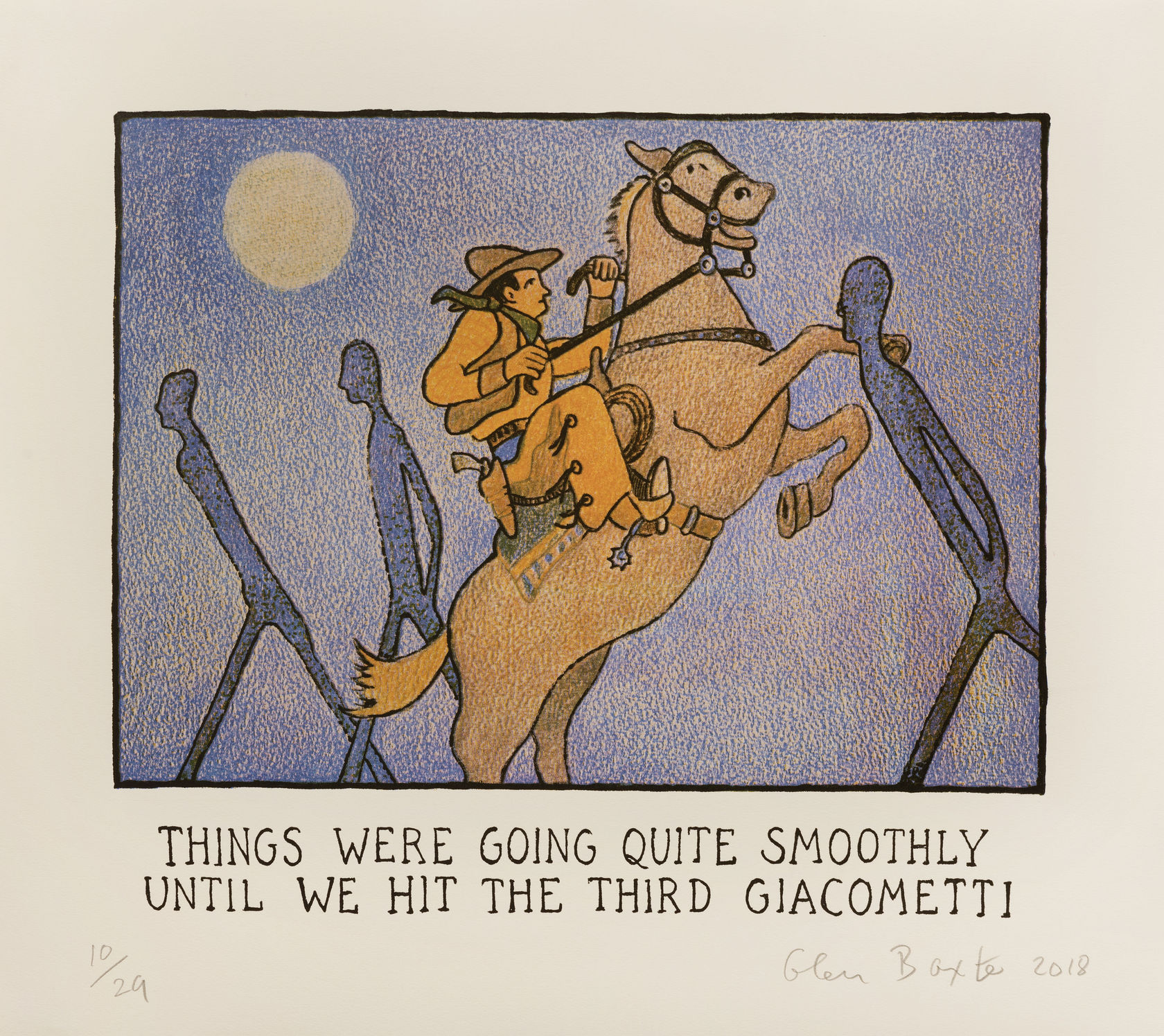 Glen Baxter Things Were Going Quite Smoothly Until We Hit the Third Giacometti, 2018