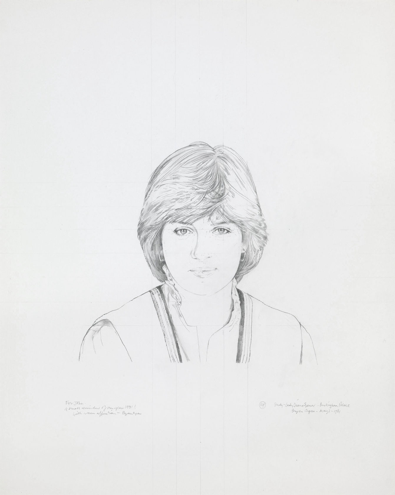 Signed and dated ‘Study- Lady Diana Spencer- Buckingham Palace / Bryan Organ- May 3- 1981’ lower right  Further inscribed ‘For John/ a small reminder of our year 1981! / with warm affection Bryan Organ’ lower left  Pencil on paper  24 x 19 in. (62 x 49.4 cm)
