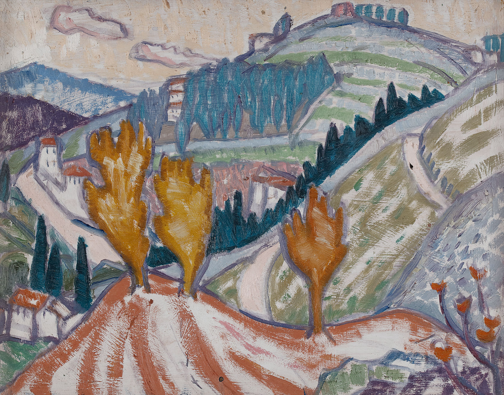 Signed ‘J. Dismorr’ lower left  Later inscribed ‘Painted in Provence. About 1910. Mediterranean hill country, South of France. By Jessica Dismorr. Given by the artist to Margaret Thompson’ verso  Oil on Panel  12 1/2 x 16 in. (31.8 x 40.6 cm)