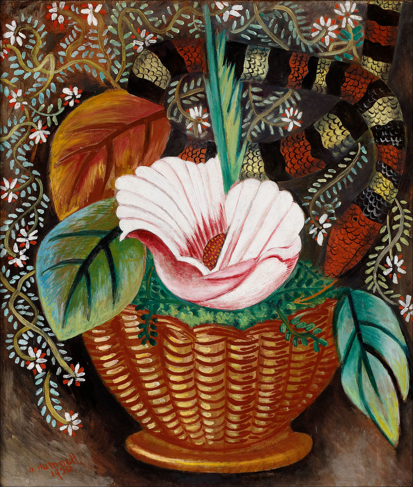 Signed and dated ‘n. Hamnett / 1950’ lower left  Oil on canvas  Framed: 41 3/8 x 36 5/8 in. (105 x 93 cm)  Unframed: 35 x 30 1/8 in. (89 x 76.5 cm)